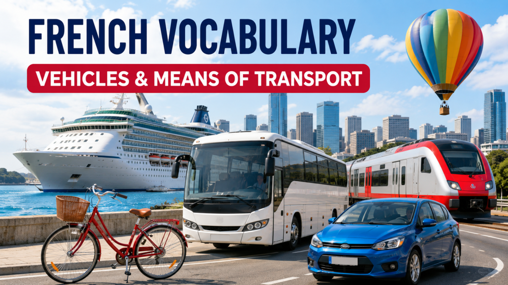 Vehicles in French - vocabulary chart with cars, buses, trains and boats